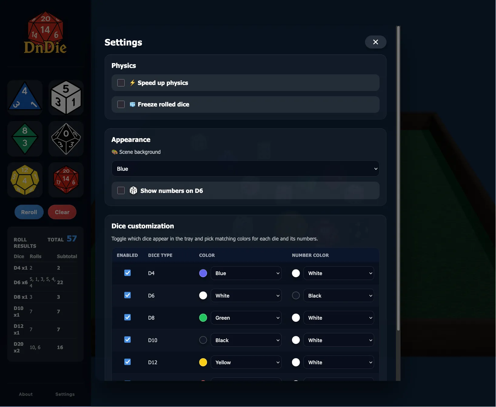 DnDie settings
